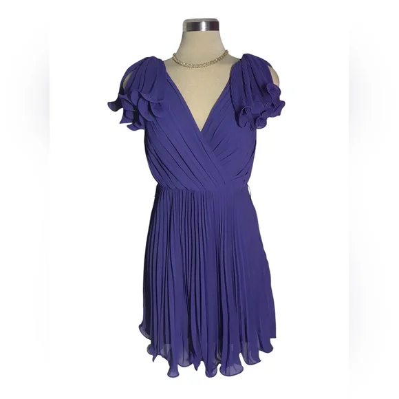 Pearl  Georgina Chapman Royal V-Neck Pleadd Purple Midi Dress Size 6 - Picture 4 of 16